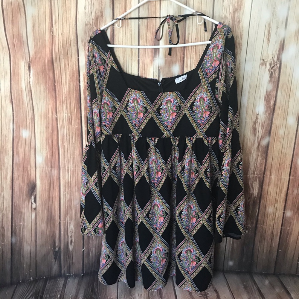 TOBI Long Sleeve Festival Babydoll Floral Printed Flowy Mini Tunic Dress